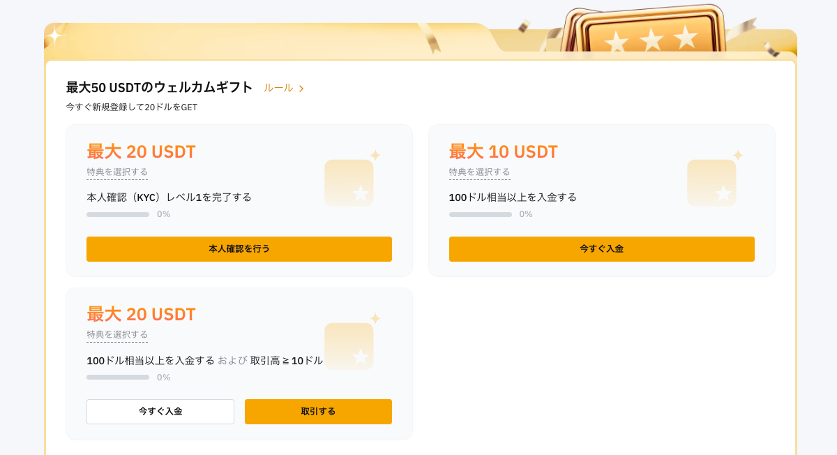 Bybitは新規登録ユーザーに向けて付与している最大50USDTのウェルカムギフト